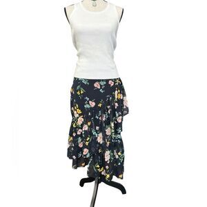 Bershka Black Floral Asymmetrical Ruffle Skirt Small Boho Fairycore Cottage